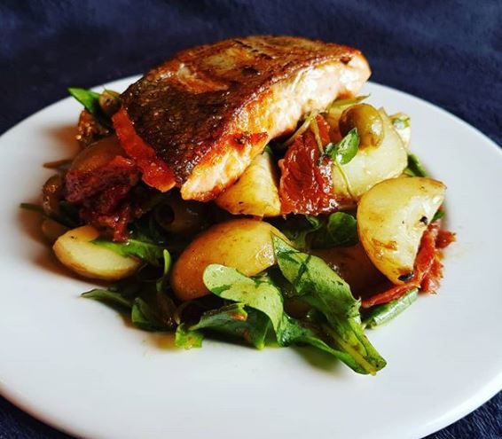 Sea Trout with Potatoes, Sun Dried Tomatoes and Olive Salad